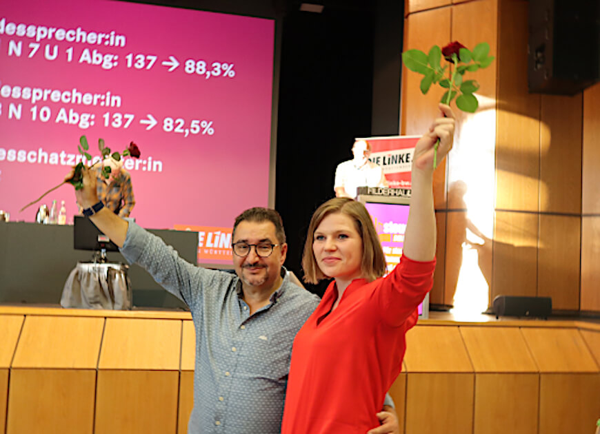 Die bisherigen Landessprecher:innen Sahra Mirow und Elwis Capece wurden mit großer Zustimmung in ihrem Amt bestätigt.